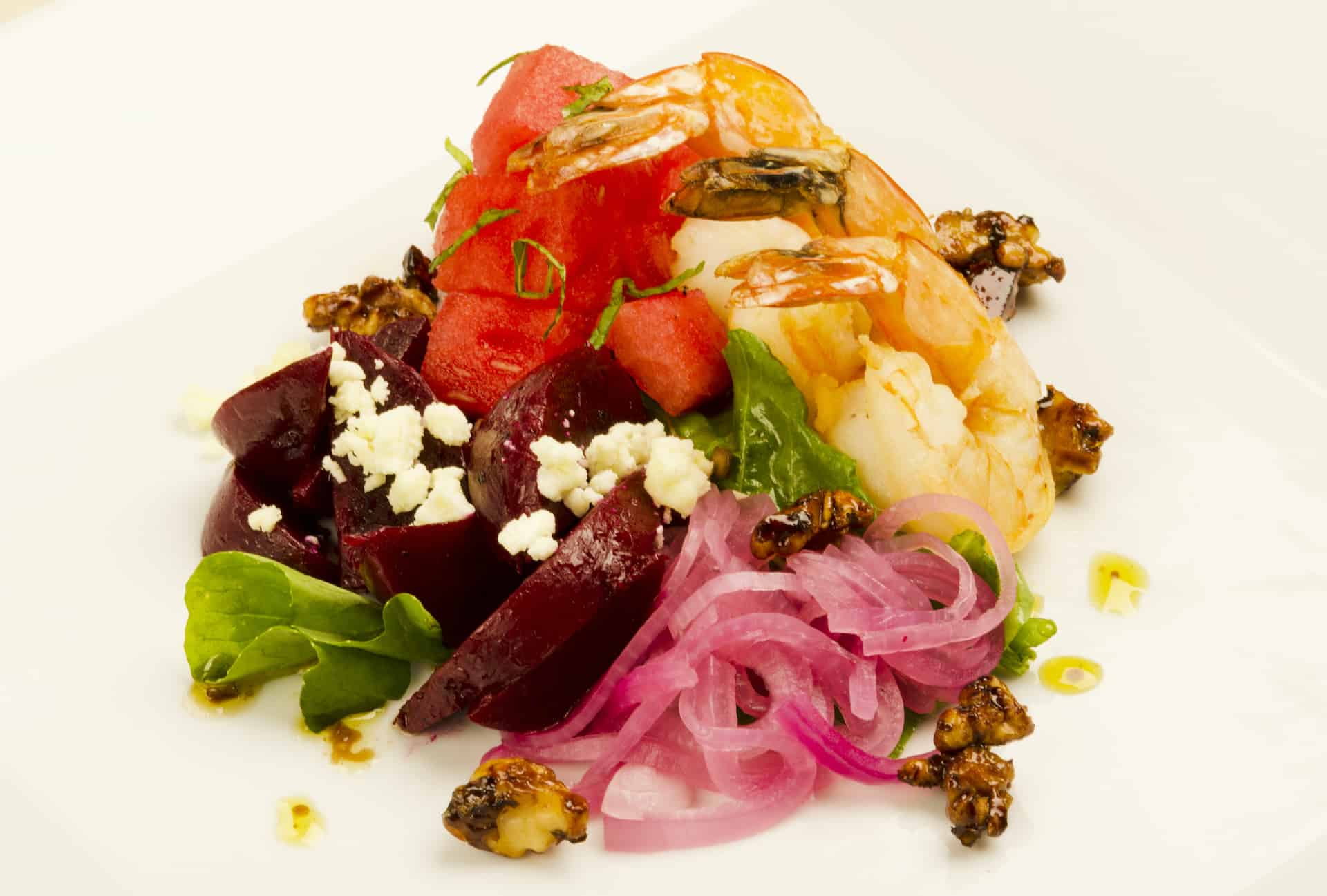 Beet, Watermelon, and Arugula Salad with Caramelized Pecans, Feta, and Shrimp