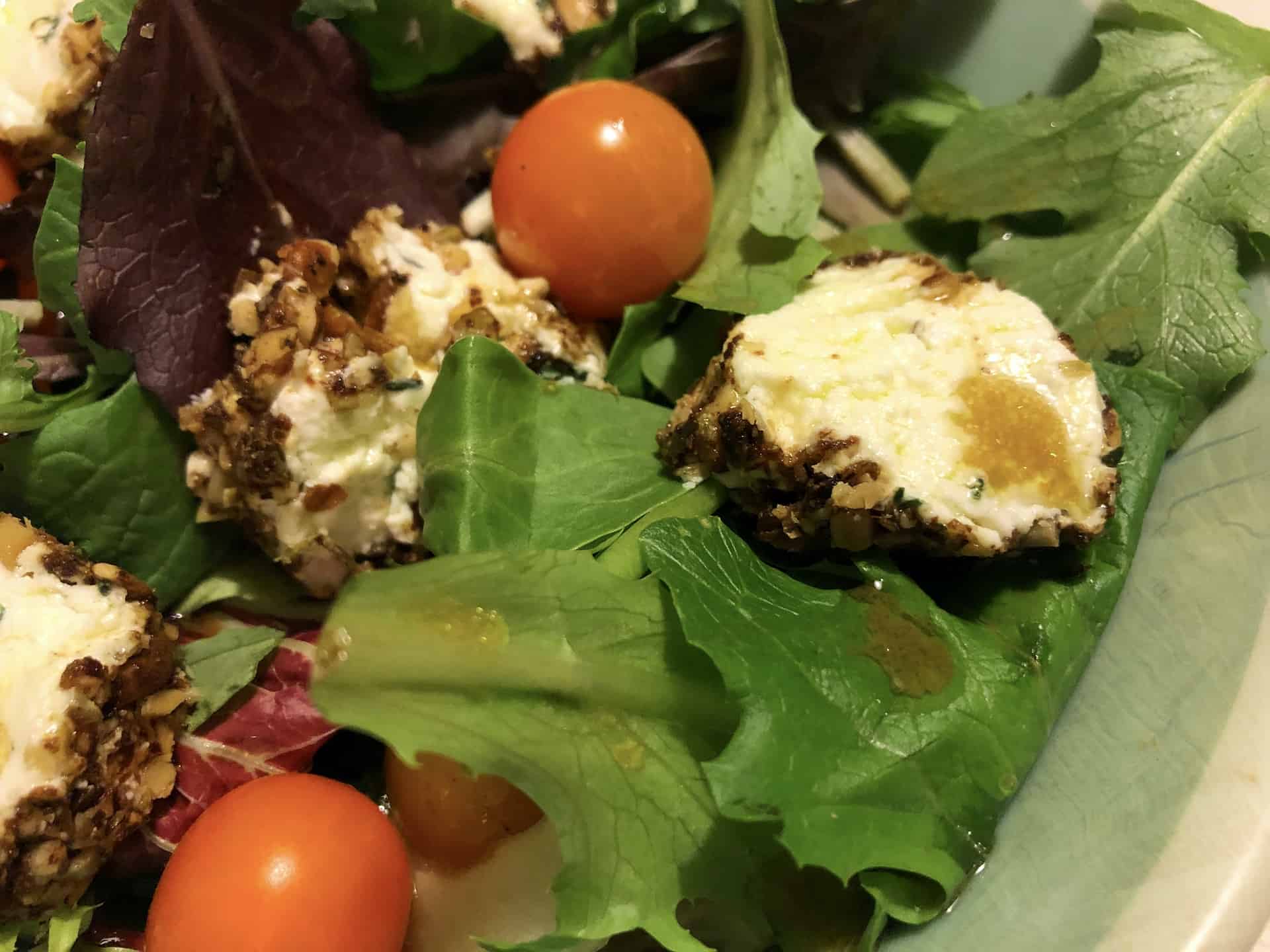 Green Salad with Classic Spicy Dijon Vinaigrette with Warm Goat Cheese Medallions